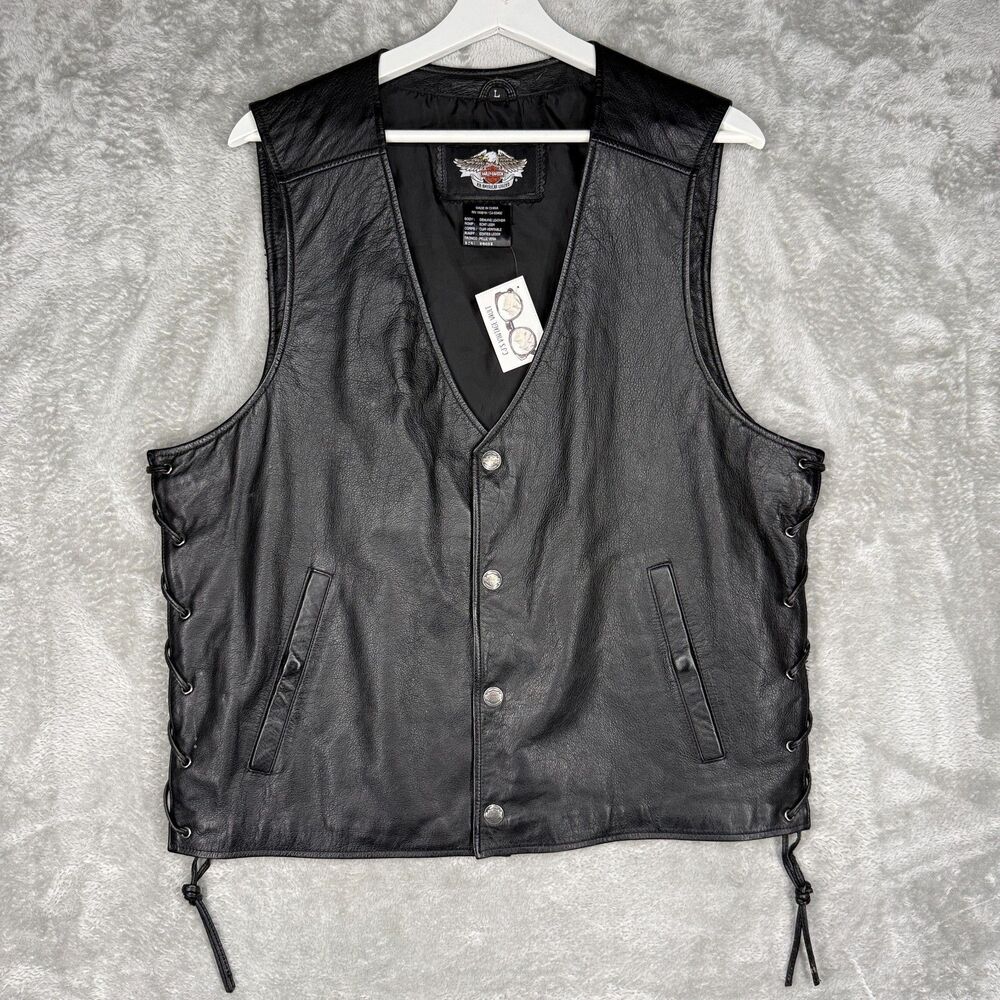 Harley Davidson Leather Vest Mens Large Black Biker Lace Sides Embroidered Logo